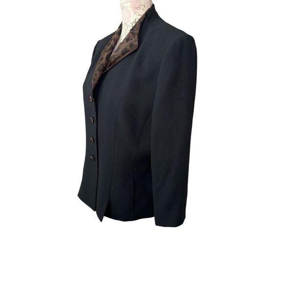 Womens Suit Jacket Blazer Black Pockets Leopard Trim Collar - Picture 5 of 7